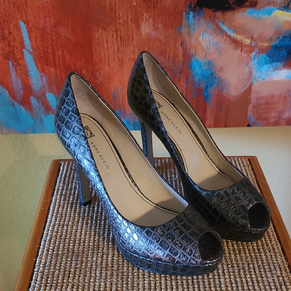 Anne Klein Pewter Croc-Embossed Peep-Toe Stiletto Heels